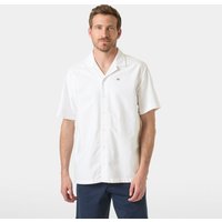 White Helly Hansen men's short sleeve shirt, button-up with small logo on chest, worn by model.