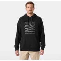 Black Helly Hansen Shoreline hoodie with drawstring hood and wave graphic on chest, size L.