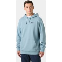 Navy Helly Hansen men's hoodie with drawstring hood, front pocket, and small logo on chest.