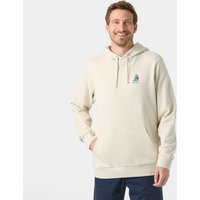 White Helly Hansen men's hoodie with drawstring hood, front pocket, and small logo on chest, size S.