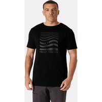 Black Helly Hansen men's T-shirt with wave graphic and logo on chest, short sleeves, crew neck, size S.