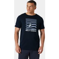 Navy Helly Hansen men's T-shirt with wave graphic and logo on chest, short sleeves, crew neck, size L.