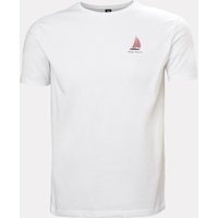 White Helly Hansen men's T-shirt with small red sailboat logo on chest, short sleeves, and crew neckline.