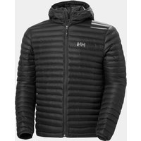 Black Helly Hansen men's hooded insulator jacket with quilted pattern and front zipper, size M.