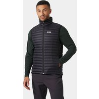 Black Helly Hansen men's vest, quilted design, high collar, zip closure, logo on chest, worn over dark green sleeves.