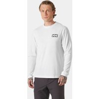 White Helly Hansen long sleeve tee, size 2XL, with black logo on chest, worn by a model.