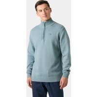 Navy blue Helly Hansen men's half-zip sweater with ribbed cuffs and hem, small logo on chest, size L.
