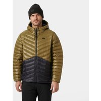 Brown Helly Hansen men's down jacket with hood, black accents, and quilted pattern, size S.