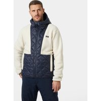 Navy and cream Helly Hansen hooded hybrid jacket with quilted front and fleece sleeves, size L.
