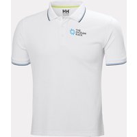 White Helly Hansen polo shirt with The Ocean Race logo, blue trim on collar and sleeves, size L.