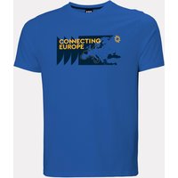 Blue Helly Hansen T-shirt with "Connecting Europe" and nautical graphics on the chest, size S.