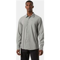 Grey Helly Hansen long sleeve shirt, button-up style, collared, lightweight fabric, worn by a male model.