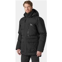Black Helly Hansen men's winter jacket with hood, front zipper, and multiple pockets, size L.
