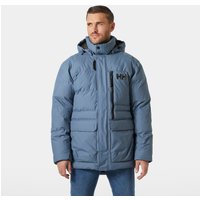 Navy Helly Hansen men's winter jacket with hood, front zipper, and chest pocket, size L.