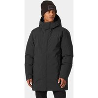 Black Helly Hansen men's down coat with hood, front zipper, and HELLY TECH® fabric, size XL.