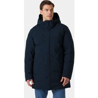 Navy Helly Hansen men's down coat with hood, front zipper, and HELLY TECH® fabric, size 2XL.