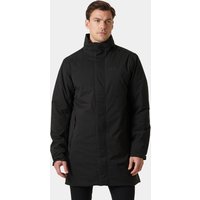Black Helly Hansen men's insulated raincoat with high collar and front zipper, size L.