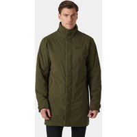 Green Helly Hansen men's insulated raincoat with high collar, front zipper, and long sleeves, size S.