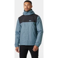 Navy Helly Hansen men's insulated rain jacket with hood, black shoulder panel, and front zipper, size XL.