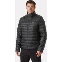 Black Helly Hansen men's puffer jacket with high collar, zip closure, and subtle logo on chest.
