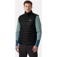 Black Helly Hansen men's down vest with horizontal quilting, high collar, and logo on chest.