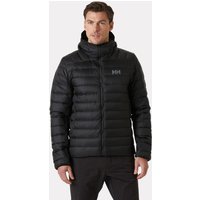 Black Helly Hansen men's hooded down jacket with quilted design and front zipper, size S.