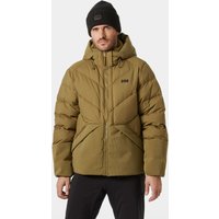 Brown Helly Hansen men's down jacket with hood, front zipper, and logo on chest, worn by model with black beanie.