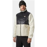 Black Helly Hansen men's hybrid jacket, quilted chest, fleece sleeves, and body, size 2XL, worn by a model.