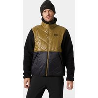 Brown and black Helly Hansen men's hybrid jacket with quilted front and fleece sleeves, worn by a model.