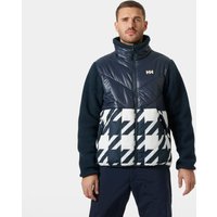 Navy Helly Hansen men's jacket with quilted chest, high collar, and bold black-and-white geometric pattern on the lower half.