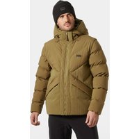 Brown Helly Hansen men's down jacket with hood, quilted design, and front zipper, worn by model.