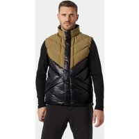 Brown Helly Hansen men's puffy vest with high collar, black chevron pattern, and front zipper, size small.