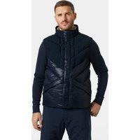 Navy Helly Hansen men's puffy vest, quilted design, high collar, sleeveless, front zipper closure, size small.