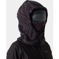 Purple Helly Hansen over helmet hood with black abstract pattern, adjustable drawstring, and face-covering design.