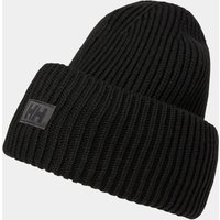 Black Helly Hansen ribbed knit beanie with folded cuff and logo patch on the front.