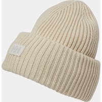 White Helly Hansen ribbed beanie with folded cuff and logo patch, standard size.