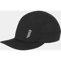 Black Helly Hansen trail running cap with curved brim and mesh ventilation panels, featuring a reflective logo.