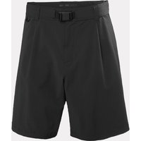 Black Helly Hansen unisex shorts with adjustable belt, pleated front, and knee-length design, size L.