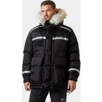 Black Helly Hansen Arctic Patrol Down Parka with fur-trimmed hood, reflective stripes, and multiple front pockets.