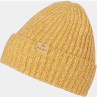 Beige knitted Helly Hansen beanie, extra-soft with ribbed texture and small logo tag on the cuff.