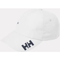 White Helly Hansen cap with curved brim, navy HH logo on front, and adjustable strap at back.