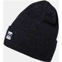 Black Helly Hansen beanie with ribbed knit texture and folded cuff featuring a white HH logo patch.