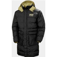 Black Helly Hansen reversible coat with hood, beige lining, front pockets, and logo on chest.