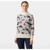 White Helly Hansen wool knit sweater, XS, with colorful Icelandic patterns and a high collar.