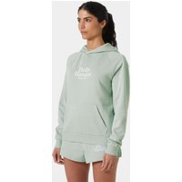 Green Helly Hansen women’s hoodie with white logo, drawstring hood, and front pocket, size M.