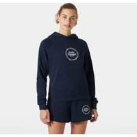 Navy Helly Hansen women’s hoodie with white logo on chest, drawstring hood, and ribbed cuffs, size M.
