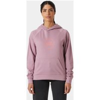 Purple Helly Hansen women’s hoodie, XL, with graphic logo on chest, drawstring hood, and ribbed cuffs.