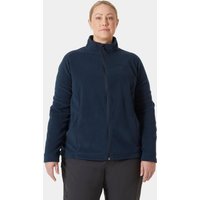 Navy blue Helly Hansen women's fleece jacket with front zipper, high collar, and long sleeves.