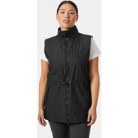 Black Helly Hansen women's spring vest with high collar, front zipper, and adjustable waist, worn over a white shirt.