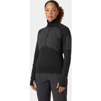 Black Helly Hansen women's half zip midlayer with high collar, thumbholes, and a sleeve pocket.